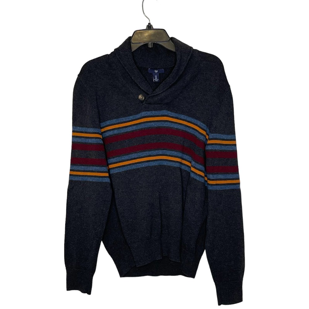 Gap Shawl Collar Sweater Size Medium Gray With Burgundy Blue Yellow Stripes Mens
